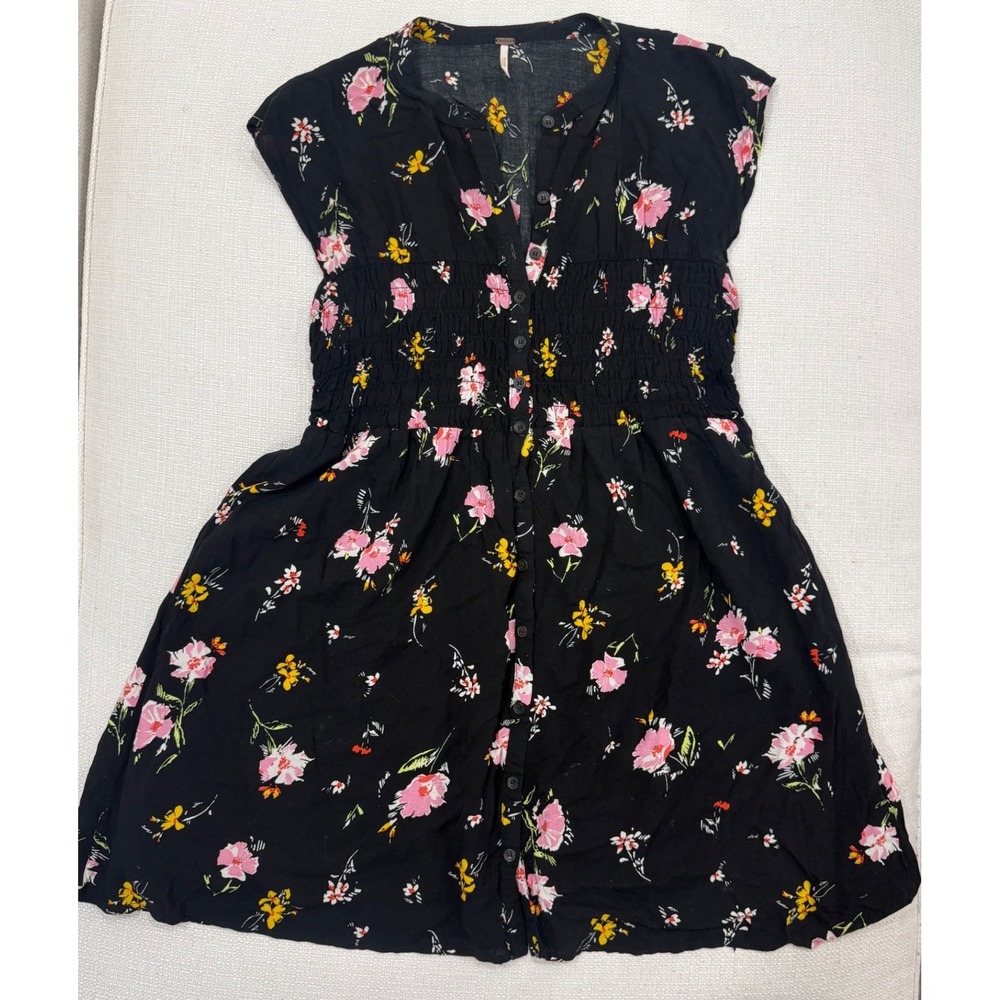 Free People Mini Dress Womens Medium Floral Smocked Waist Button Front Excellent